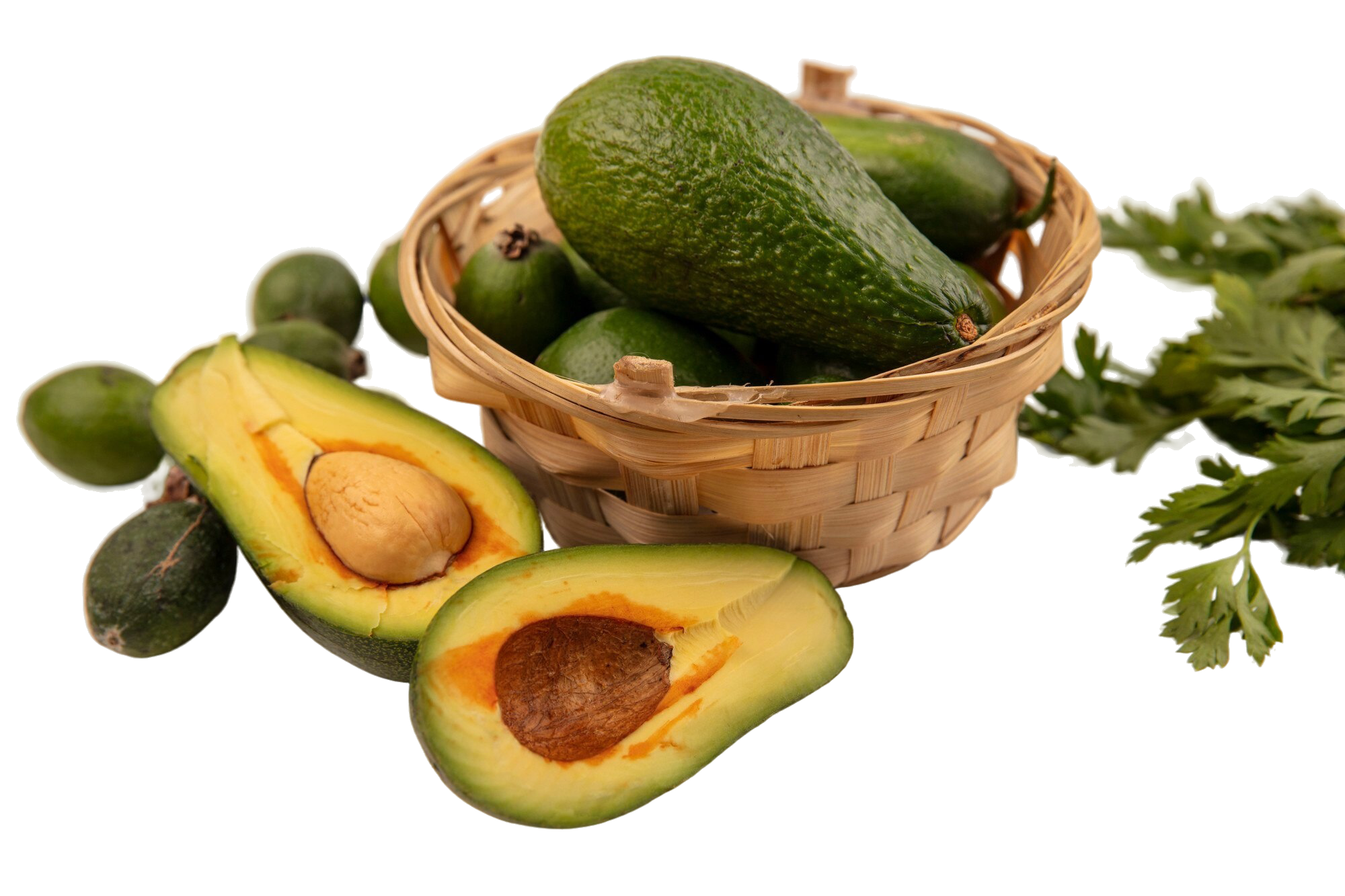 Depression 4 top view bright fresh avocados bucket with feijoas with half avocados isolated white surface
